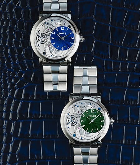 Elegant Bovet timepieces with intricate skeleton dials and vibrant blue and green accents, showcasin.