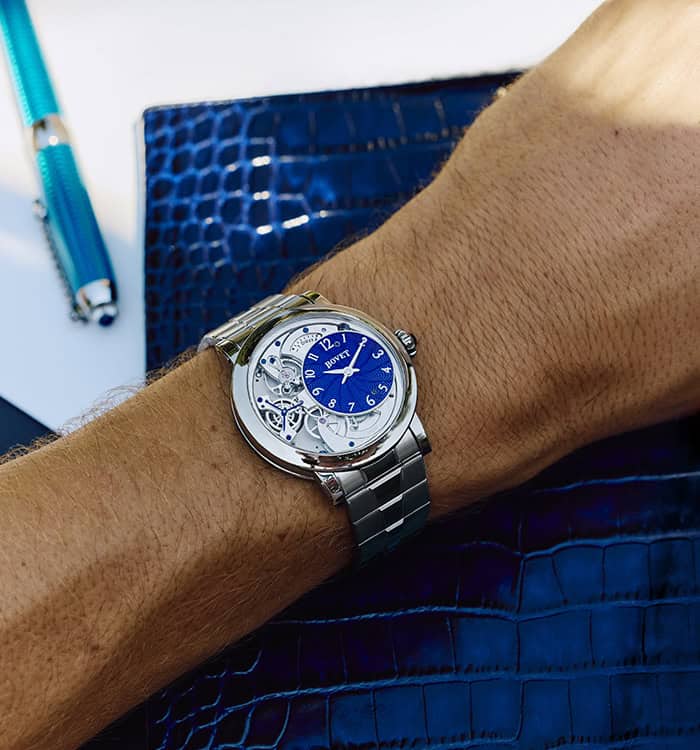 An elegant Bovet timepiece with a blue dial and intricate design, showcasing luxury craftsmanship.