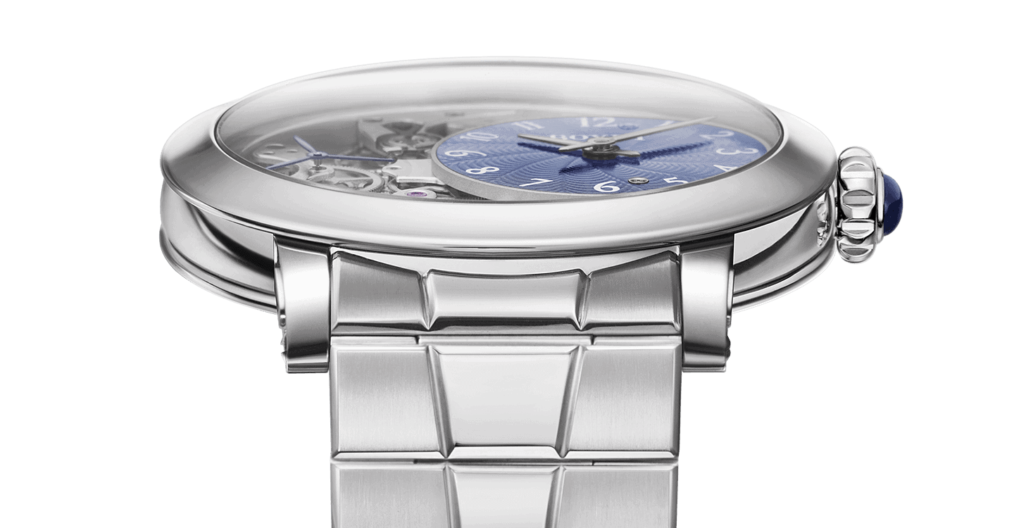 Elegant Dimier timepiece with intricate craftsmanship and a sleek stainless steel bracelet.