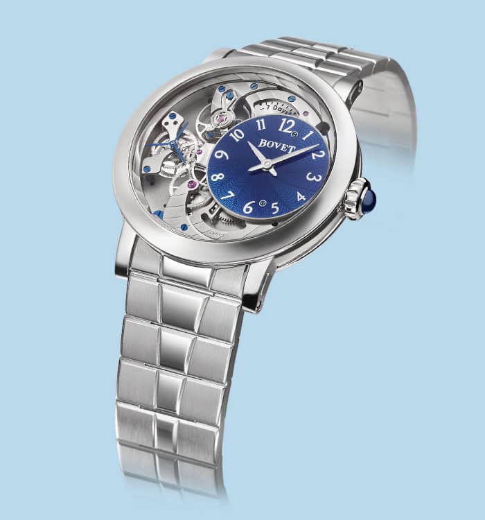 Elegant Bovet timepiece with a blue dial and skeletonized design, showcasing intricate craftsmanship.