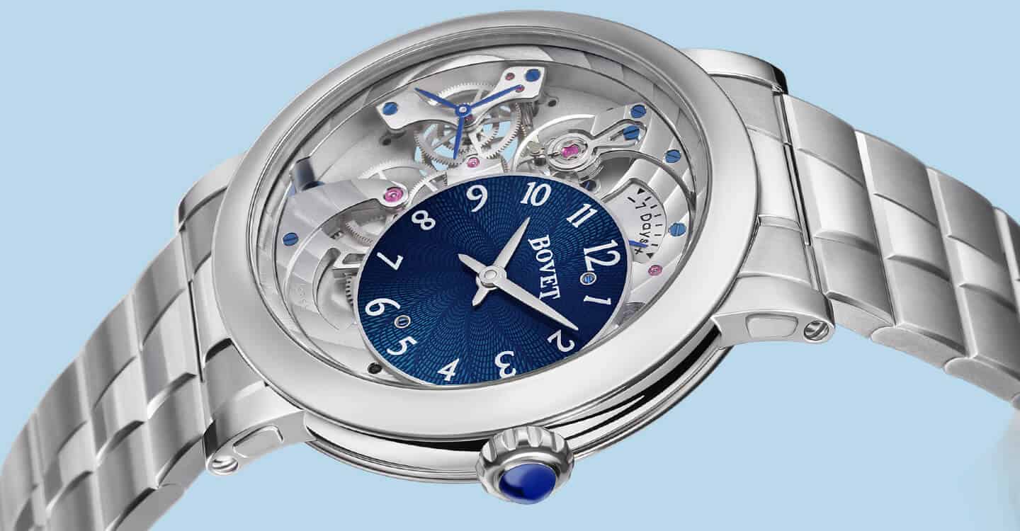 Elegant Bovet timepiece with intricate skeleton dial and blue accents, from Dimier - Récital 12 coll.