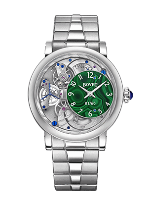 Elegant Bovet timepiece with intricate mechanical details and a vibrant green dial, showcasing craft.