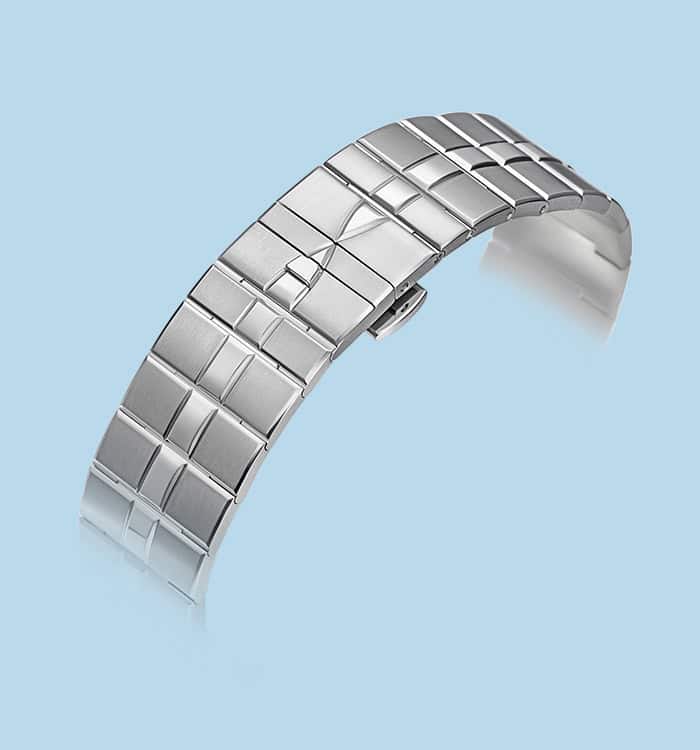Elegant silver timepiece bracelet with geometric design for luxury accessories.