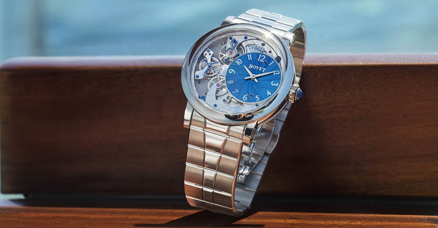 Elegant Bovet timepiece with intricate skeleton dial and blue accents, part of the Dimier - Récital.