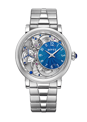 Elegant Bovet timepiece with intricate skeleton dial and blue accents, luxury craftsmanship.