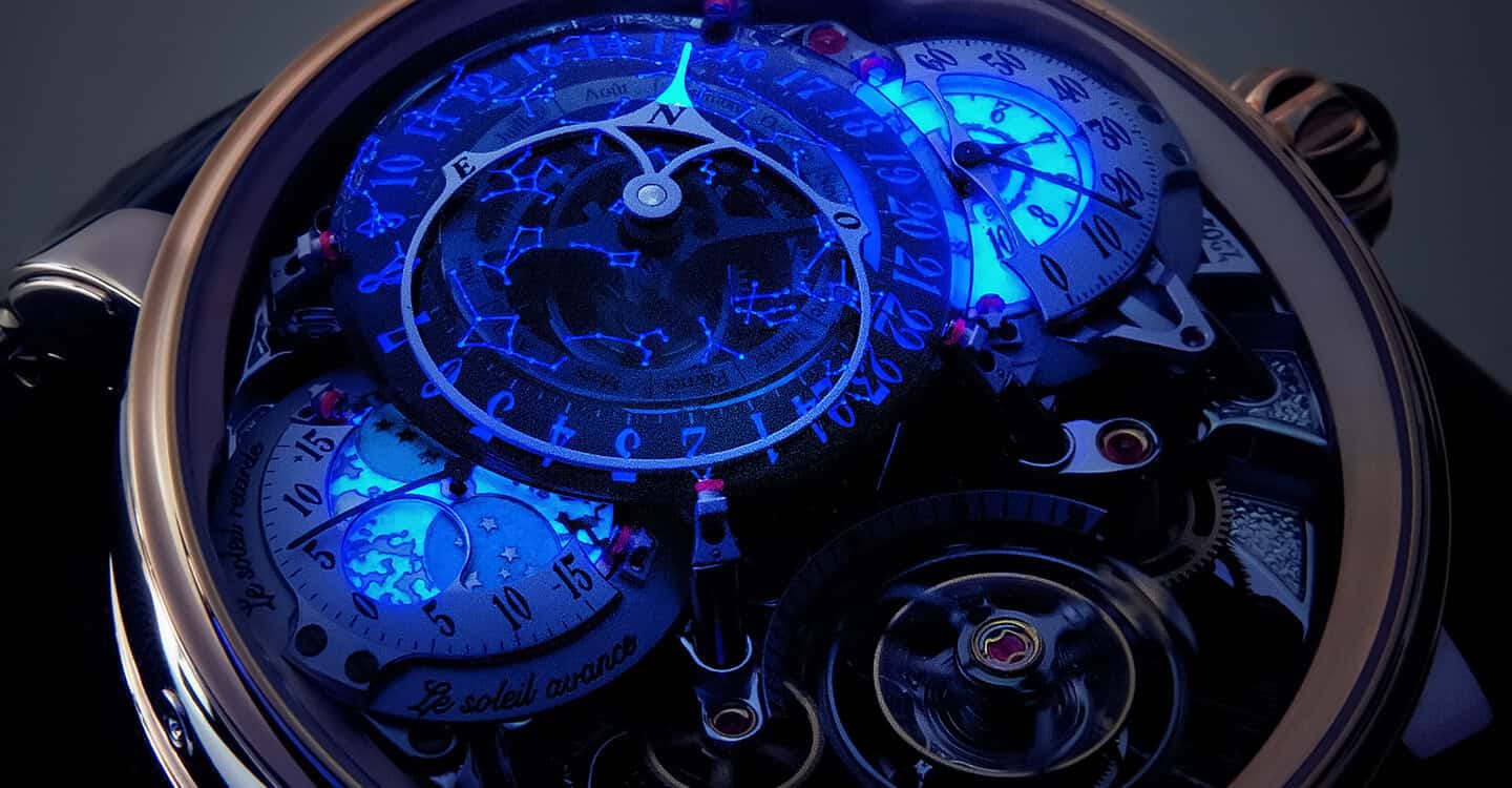 Exquisite Dimier Récital 20 timepiece showcasing intricate mechanical details and blue accents.