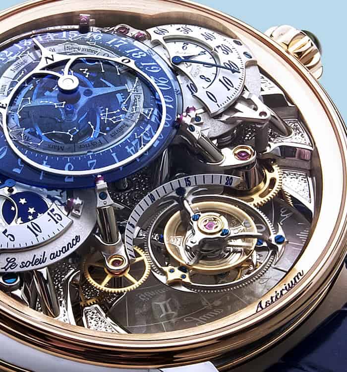 A detailed close-up of a luxury timepiece showcasing intricate mechanical components and complicatio.