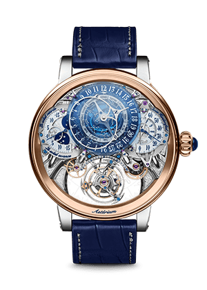 Exquisite Dimier Récital 20 timepiece with intricate skeleton design and blue accents.