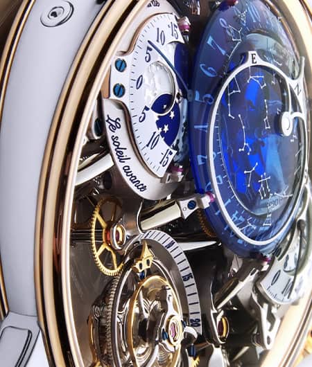 Intricate close-up of a luxurious timepiece with celestial and mechanical details, emphasizing craft.