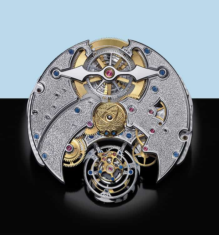 Intricate mechanical movement of a luxury timepiece from Bovet, showcasing fine craftsmanship.