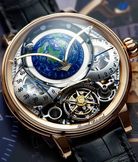 Exquisite timepiece featuring Earth motif and intricate mechanical details, from Bovet's Dimier - Ré.