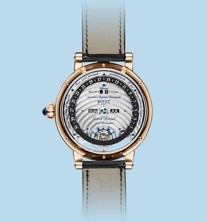 Elegant Bovet timepiece with intricate dial and leather strap, showcasing luxury craftsmanship.