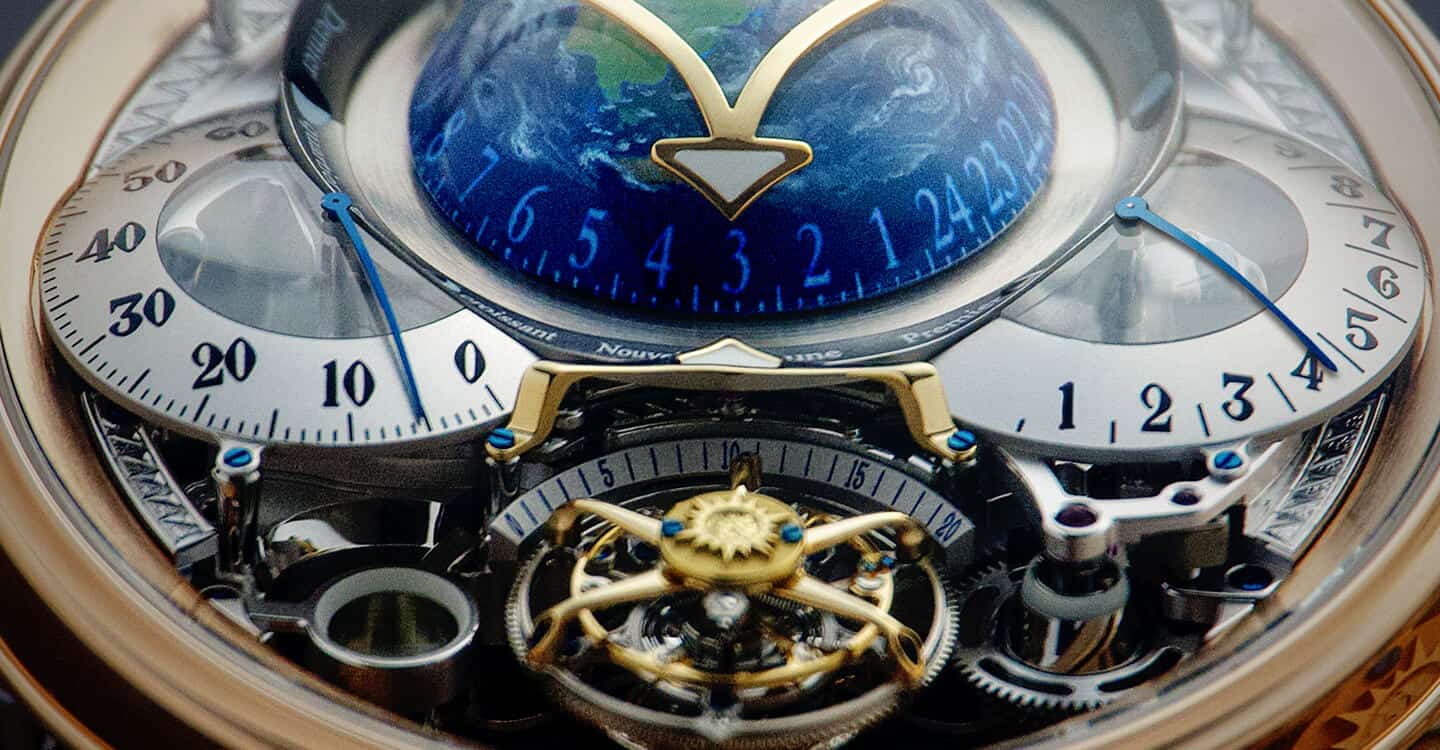 A stunning close-up of a Bovet timepiece showcasing intricate mechanical details and a celestial-the.