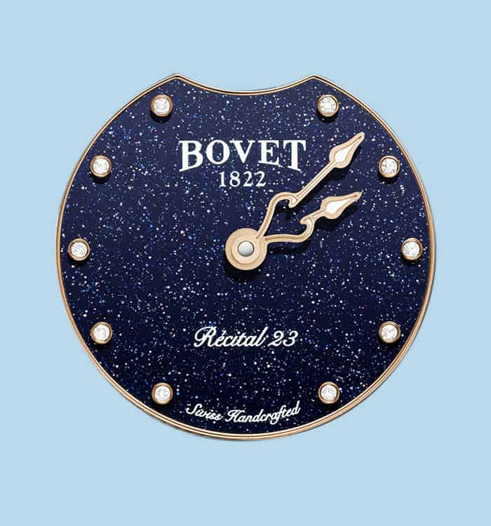 Elegant Bovet Récital 23 timepiece with starry dial and diamond markers, Swiss handcrafted craftsman.
