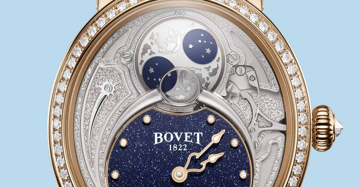 A detailed close-up of a Bovet timepiece featuring celestial moon phase complications and intricate.