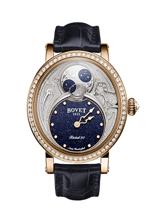 Elegant Bovet timepiece with moon phase and diamond accents, from the Dimier - Récital 23 collection.