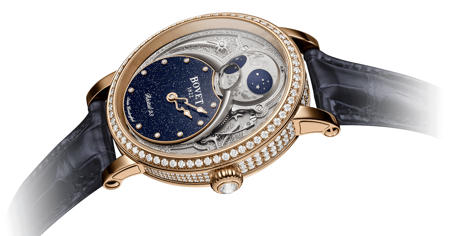 Elegant Bovet timepiece featuring a celestial dial with diamond accents and a luxurious leather stra.