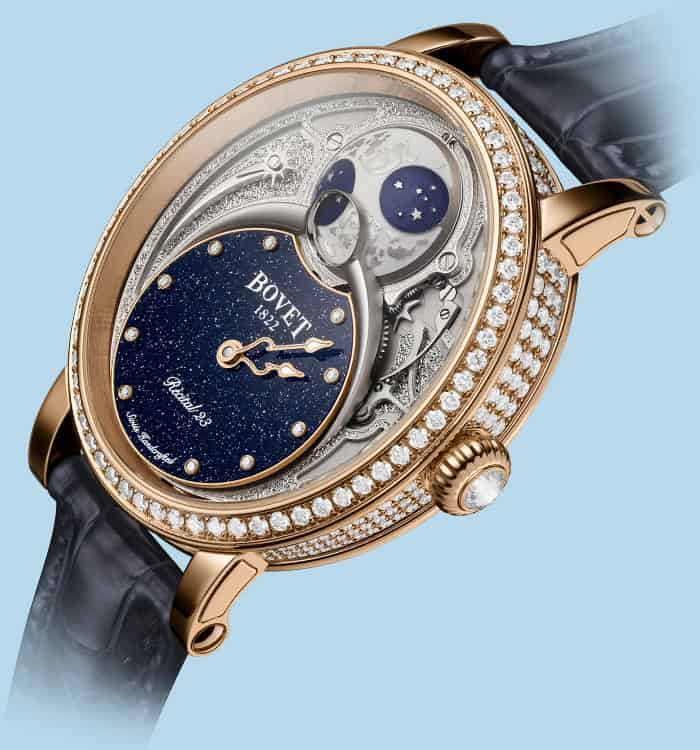 Luxurious Bovet timepiece with diamond accents and celestial moon phase display.