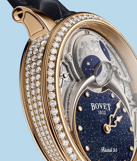 A stunning Bovet timepiece featuring a diamond-encrusted bezel and celestial dial with moon phase co.