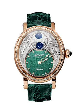 Luxurious Bovet timepiece with celestial moon phase and emerald green dial, adorned with diamonds.