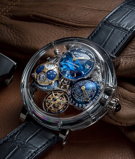 A stunning Bovet timepiece featuring intricate complications and a transparent case showcasing the d.