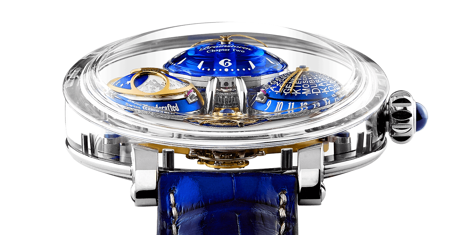 Luxurious Bovet timepiece featuring intricate blue and gold details with a transparent case showcasi.