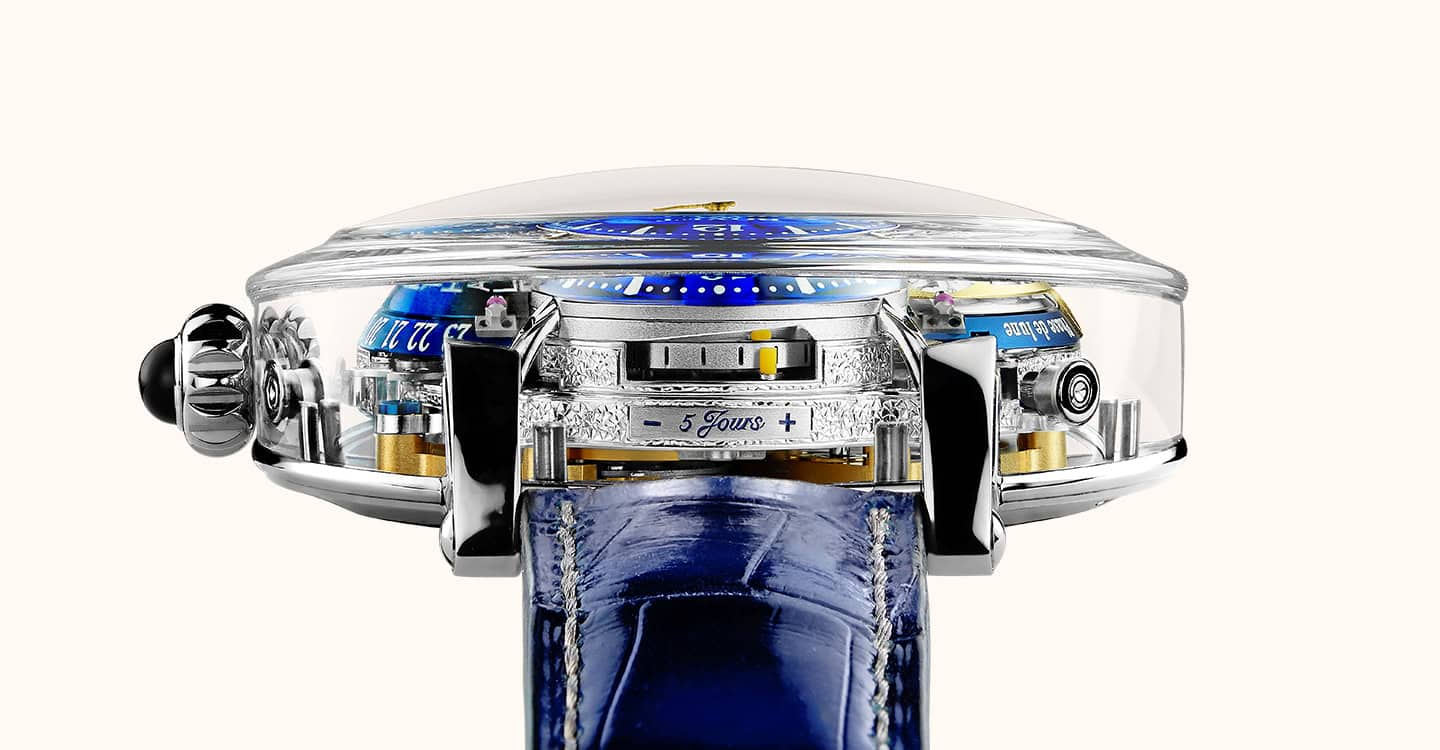 A detailed image of a Bovet timepiece with intricate mechanical components and a blue leather strap.