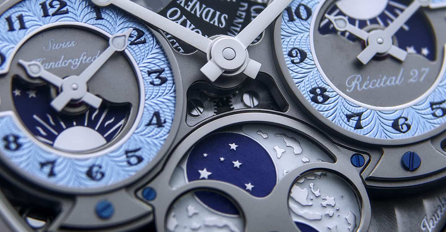 A detailed close-up of a luxurious Bovet timepiece showcasing intricate dial design and celestial mo.