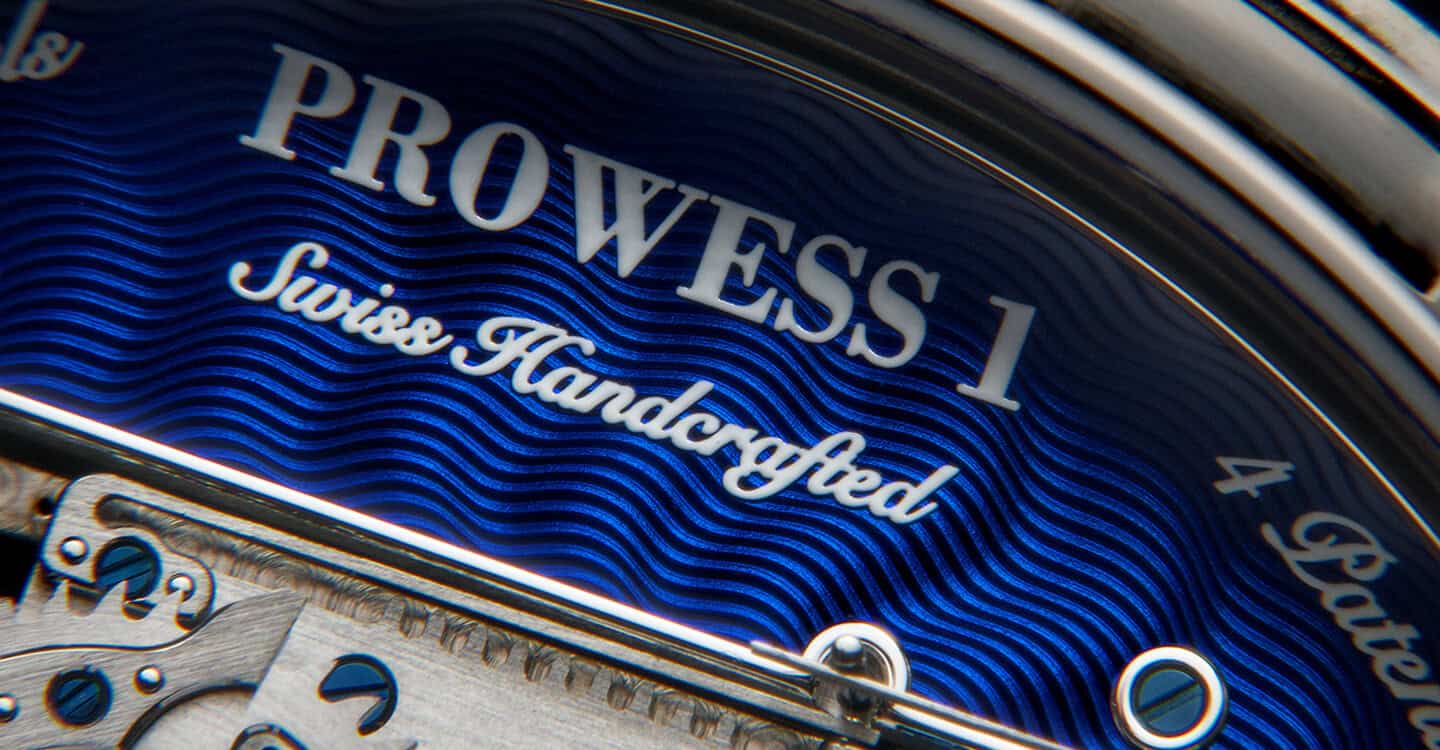 Close-up of Bovet timepiece dial showcasing intricate blue guilloché pattern and detailed craftsmans.