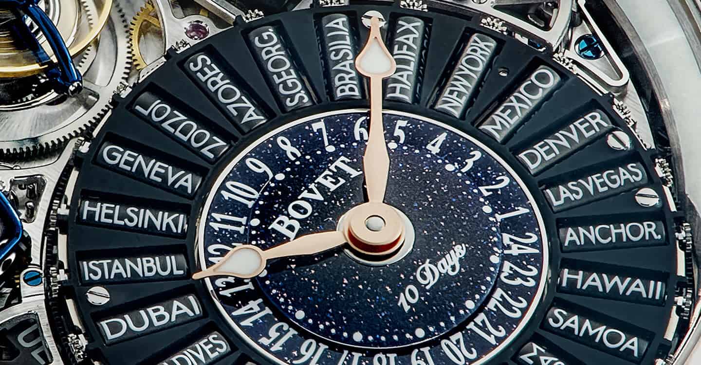 Intricate Bovet timepiece with world time display and celestial dial design.