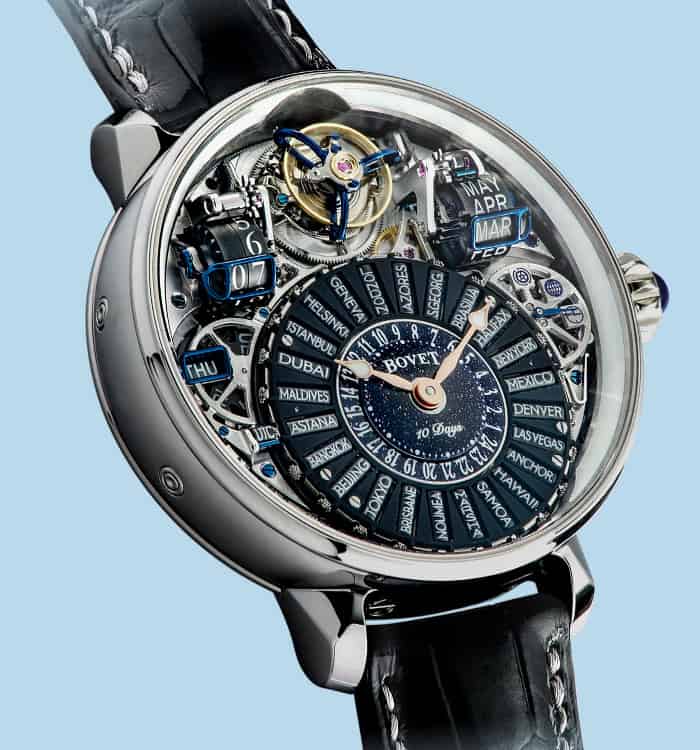 Exquisite Dimier timepiece showcasing intricate mechanical details and world time functions.