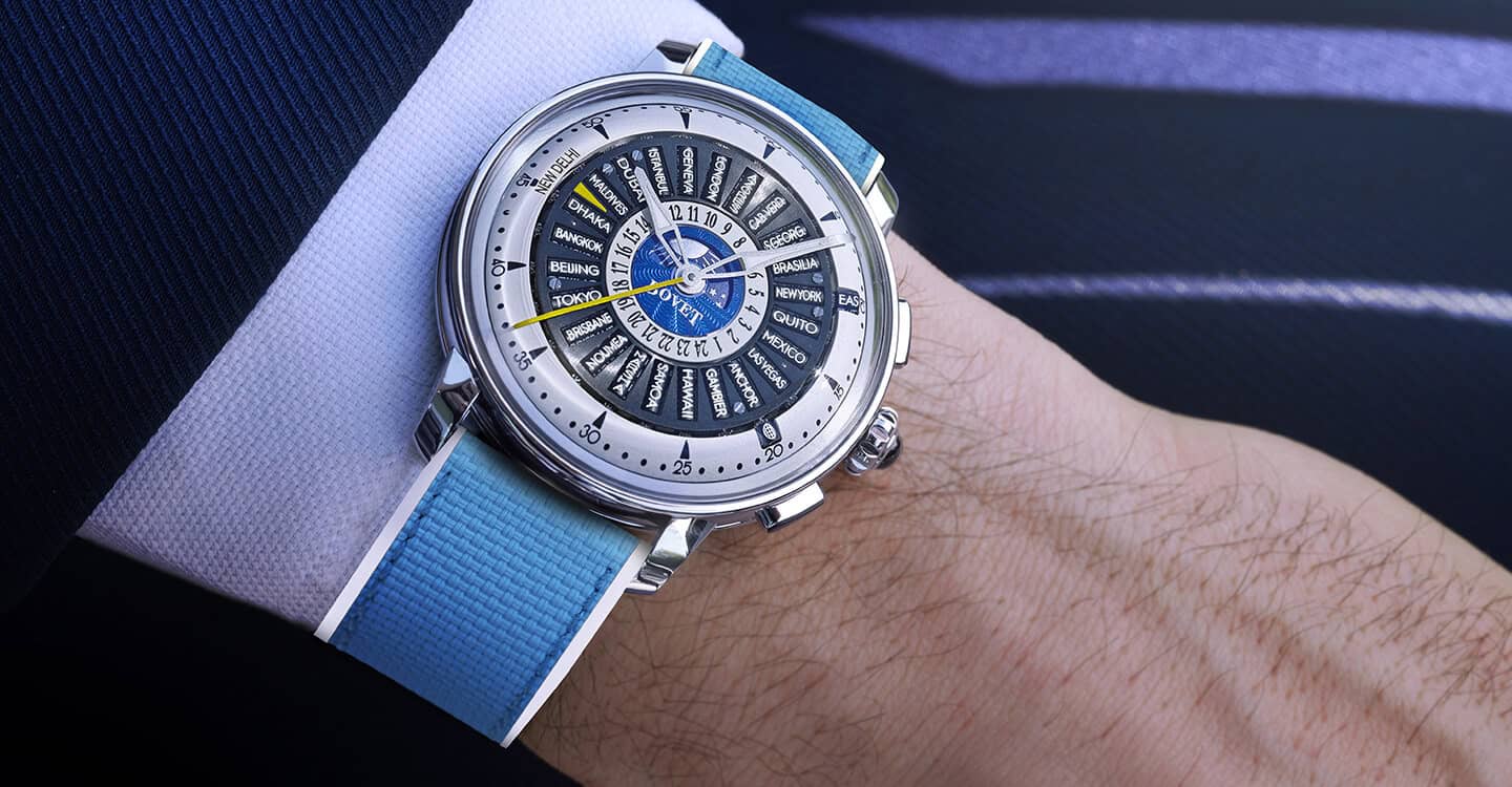 Elegant Dimier timepiece with intricate dial and blue strap, part of the Récital 30 collection.