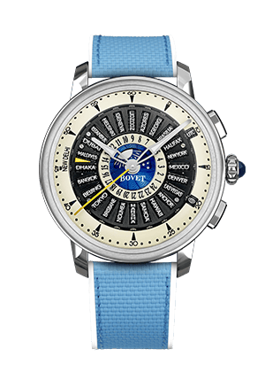 Elegant Bovet timepiece with intricate dial and blue strap, inspired by Dimier - The Récital 30 desi.