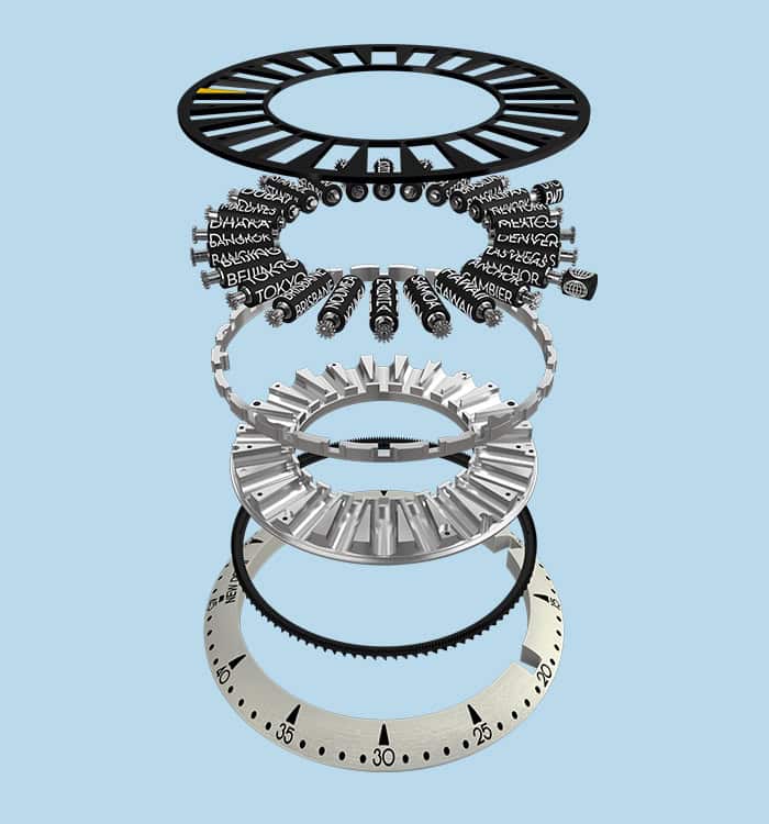 Disassembled Bovet timepiece components showcasing intricate mechanical details.