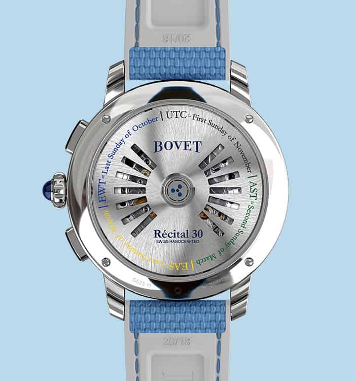 Elegant Bovet Dimier - The Récital 30 timepiece with intricate dial design and blue strap showcasing.