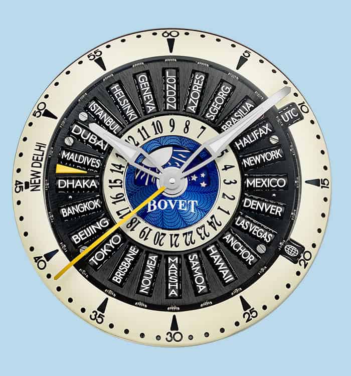 Intricate world timepiece with multiple city indicators and celestial design elements.