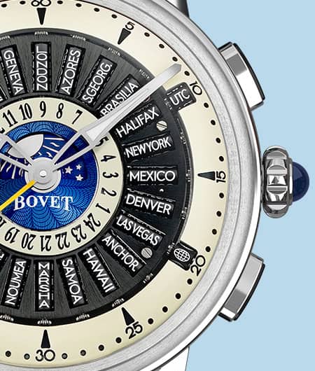 Luxurious Bovet timepiece with world time display and intricate dial details.