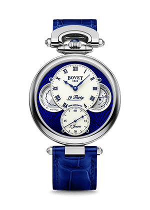 Elegant Fleurier 19Thirty timepiece with blue dial and leather strap, Swiss craftsmanship.