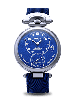 Elegant blue Fleurier 19Thirty timepiece with intricate dial details and fabric strap.