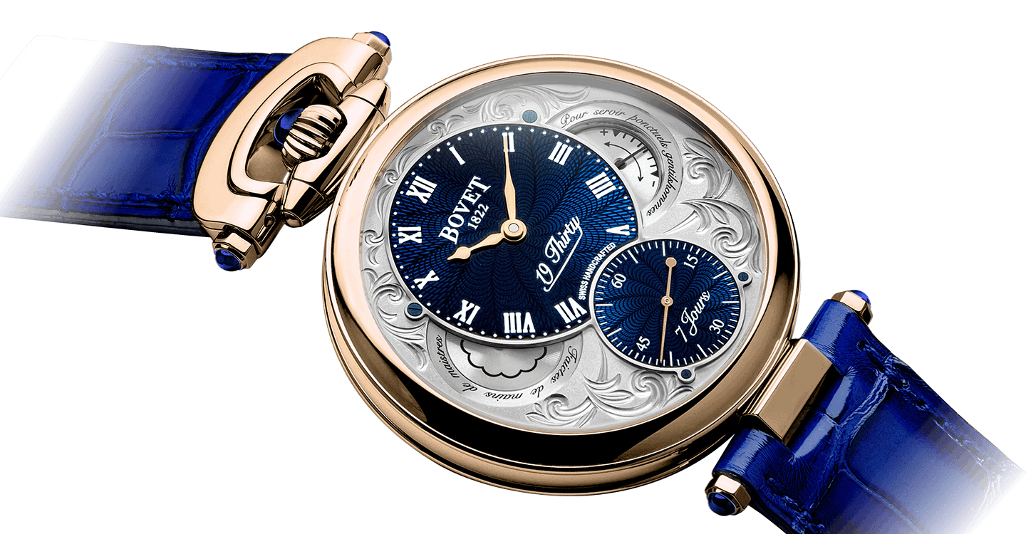 Luxurious Bovet Fleurier 19Thirty timepiece with intricate engravings and blue leather strap.