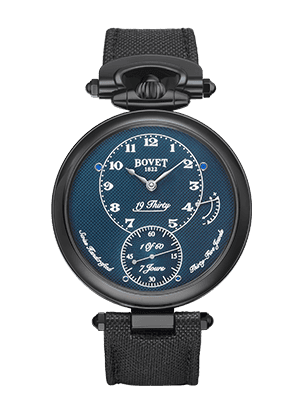 Elegant Bovet Fleurier 19Thirty timepiece with blue dial and black strap.
