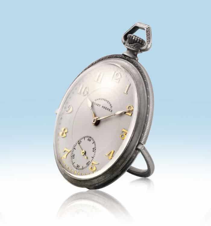 Vintage Bovet Fleurier 19Thirty pocket timepiece with silver dial and gold accents.