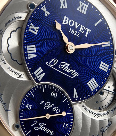 Elegant blue timepiece with Roman numerals from Bovet Fleurier - 19Thirty collection.