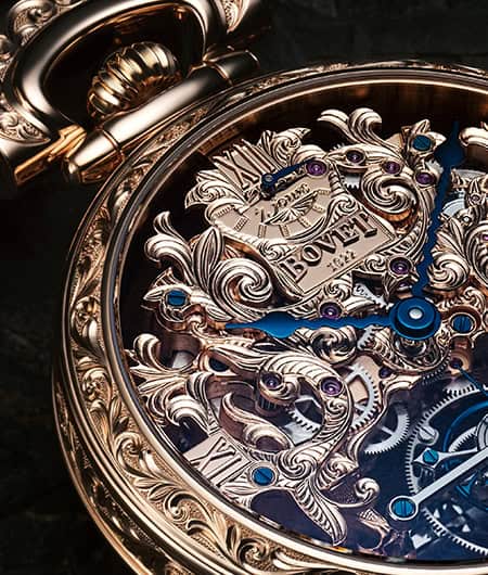 Luxurious Bovet Amadéo Tourbillon timepiece with intricate engravings and blue accents.