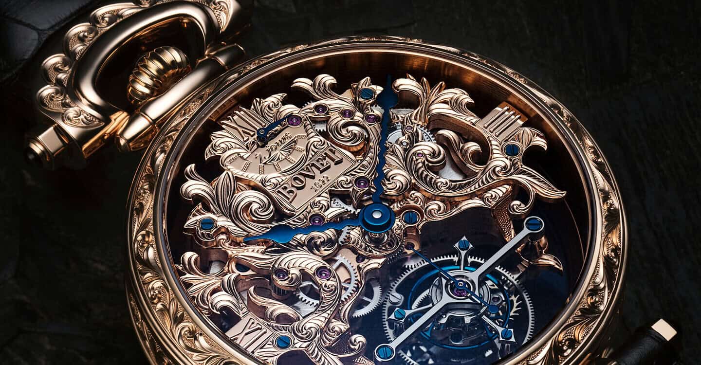 Exquisite Bovet Amadéo Tourbillon timepiece with intricate skeletonized movement and detailed crafts.