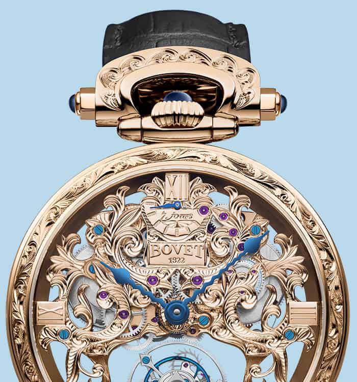 An elegant Amadéo Tourbillon timepiece with intricate gold filigree and blue accents, showcasing Bov.