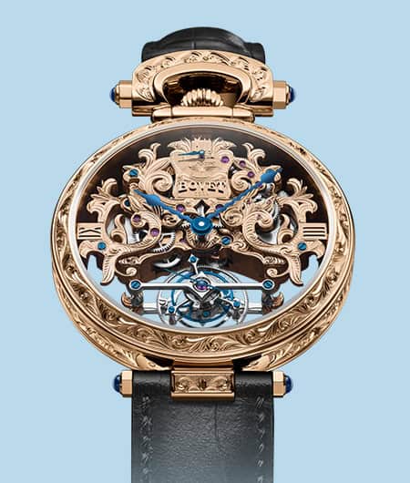 Luxurious Bovet Amadéo Tourbillon timepiece with intricate gold detailing and blue accents.