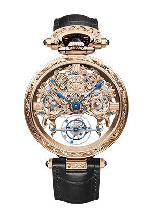 Luxurious Bovet Amadéo Tourbillon timepiece with intricate skeleton design and blue hands.