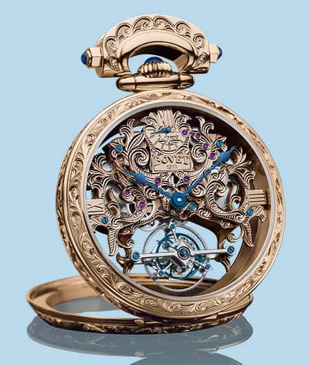 Exquisite Amadéo Tourbillon timepiece with intricate skeleton design and blue accents.