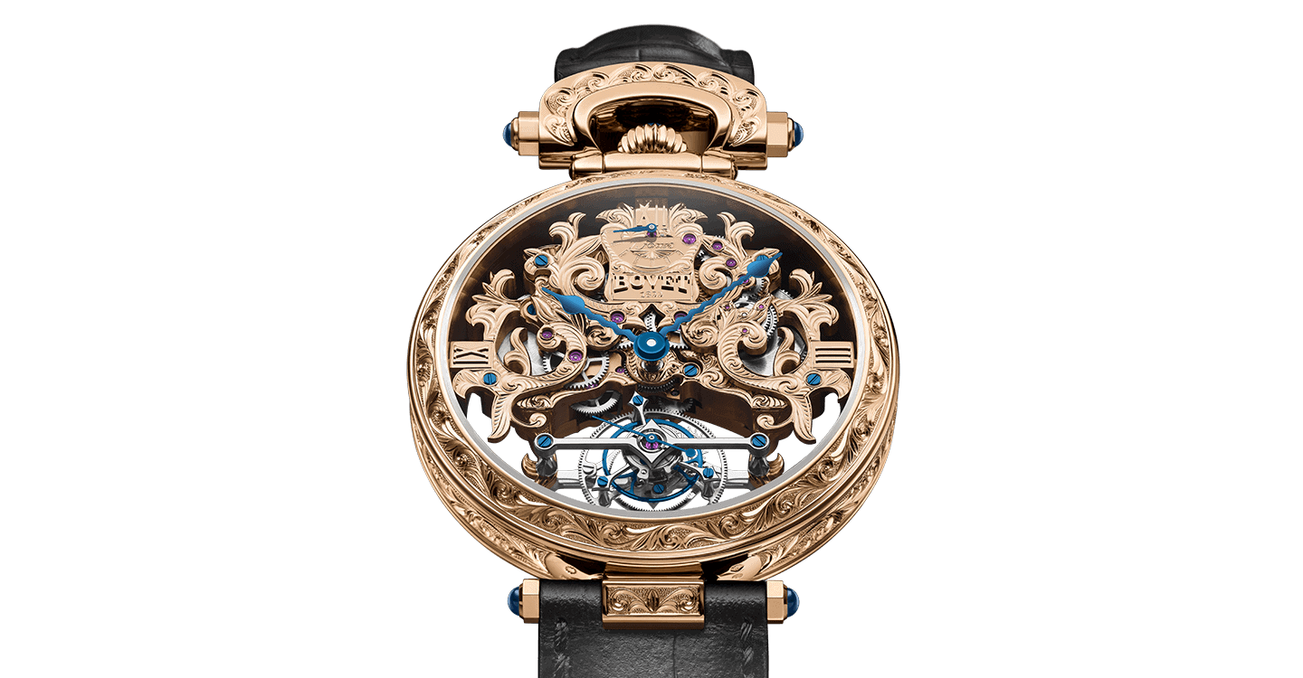 Luxurious Amadéo Tourbillon timepiece with intricate skeleton design and blue accents.